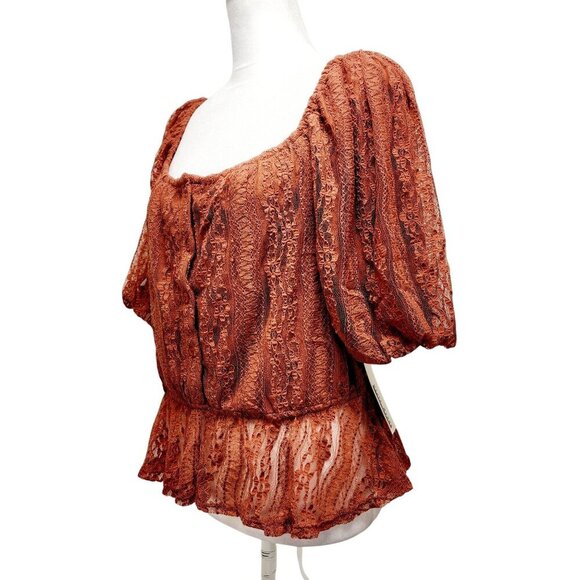 Rust Lace Peplum Blouse With Puff Sleeves & Satin Back-Tie Detail Size L - Picture 11 of 14